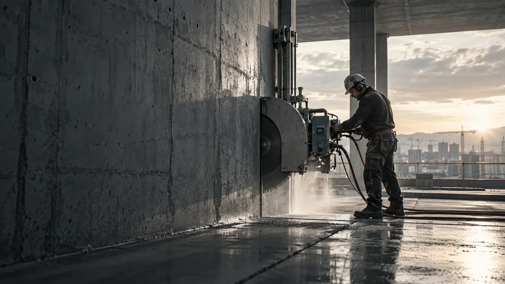 Betonsäge bei Schneidarbeiten an einer Betonwand auf einer Baustelle im Morgenlicht