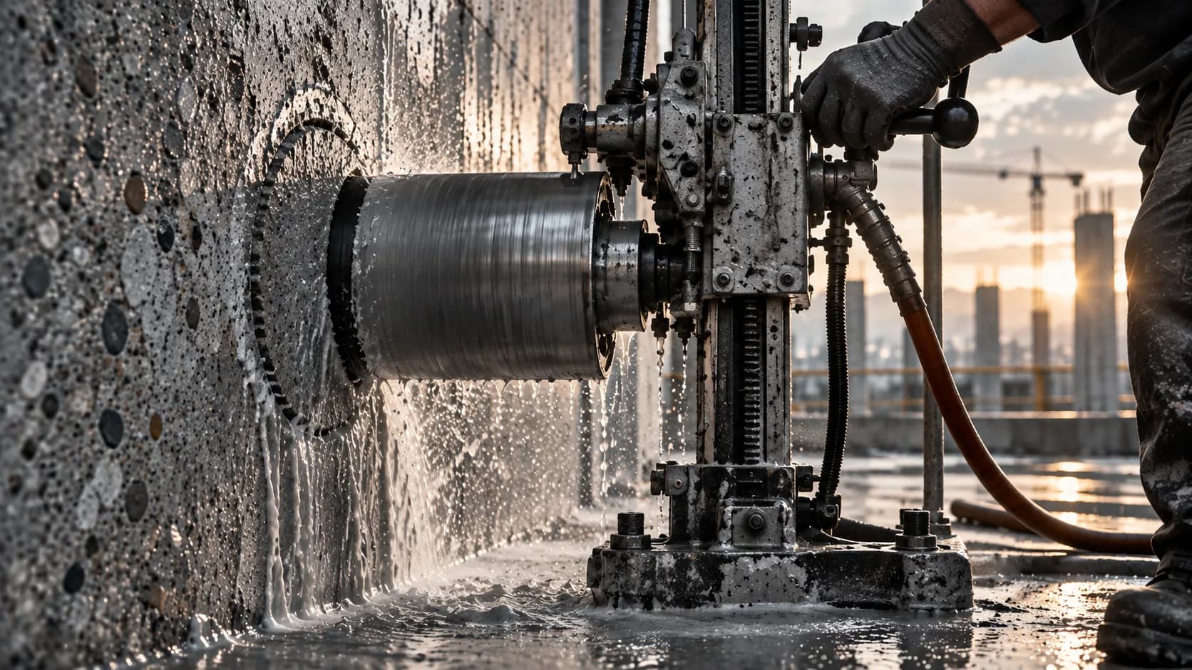 Diamantbohrkrone eines Kernbohrgeräts beim Schnitt in Beton, Nahaufnahme mit Wasserkühlung