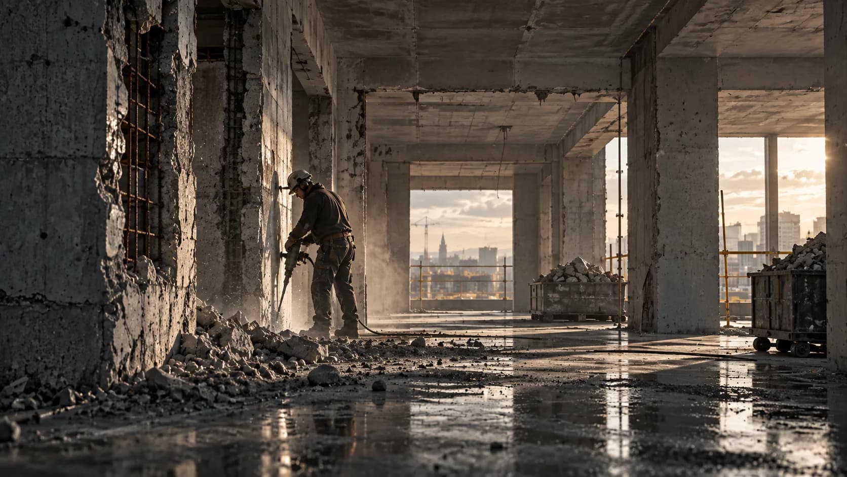 Entkernter Gebäudeinnenraum mit freigelegter Betonstruktur während Rückbauarbeiten