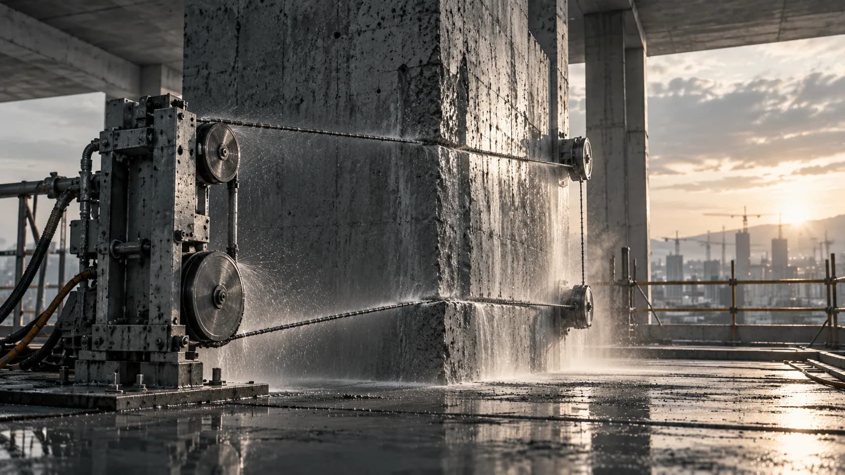 Seilsäge mit Antriebseinheit und Umlenkrollen an einem massiven Betonbauteil